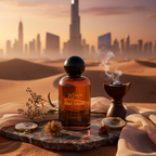 Perfume bottle labeled 'Oud Amour' with smoking incense burner in a desert setting with city skyline.