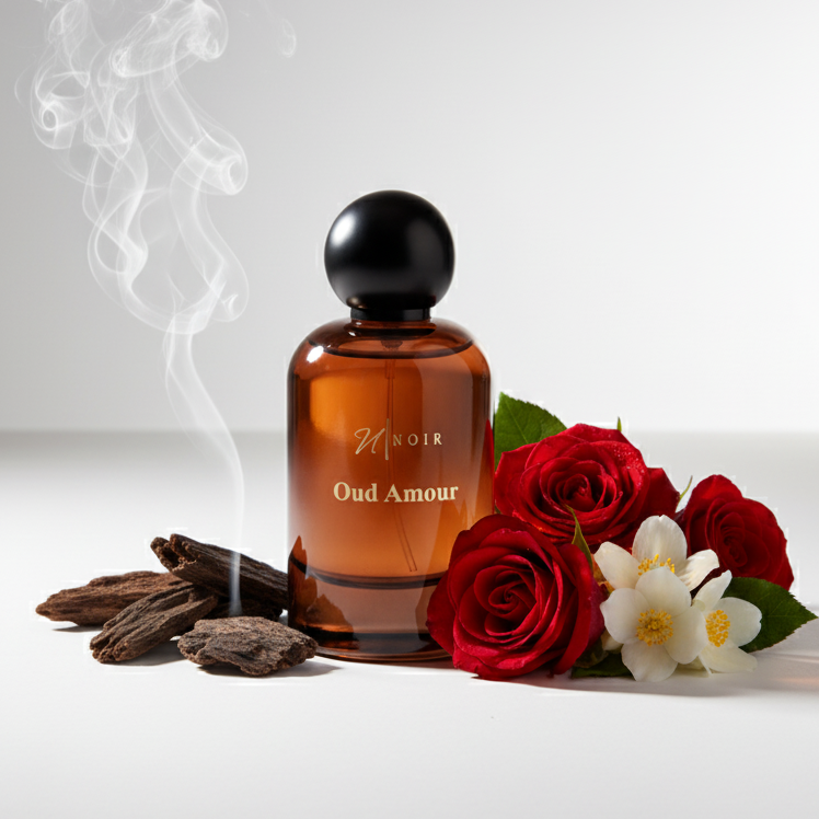 Perfume bottle labeled 'Oud Amour' with red roses and smoke on a white background