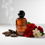 Perfume bottle labeled 'Oud Amour' with red roses and smoke on a white background