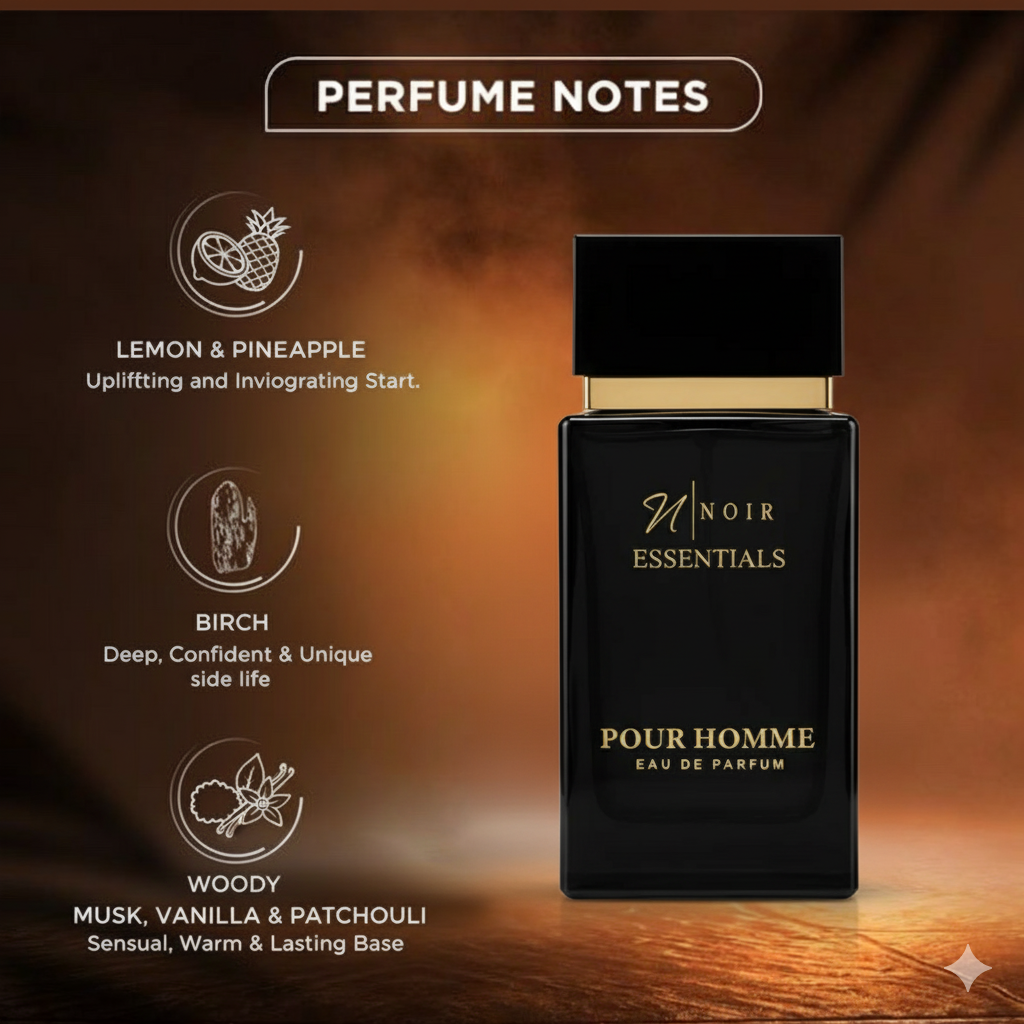 Perfume bottle with 'Noir Essentials' branding and perfume notes on a dark background