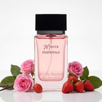 Perfume bottle labeled 'Noir Essentials' with pink roses and strawberries on a white background