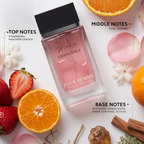 Perfume bottle with fruit and floral elements on a white background