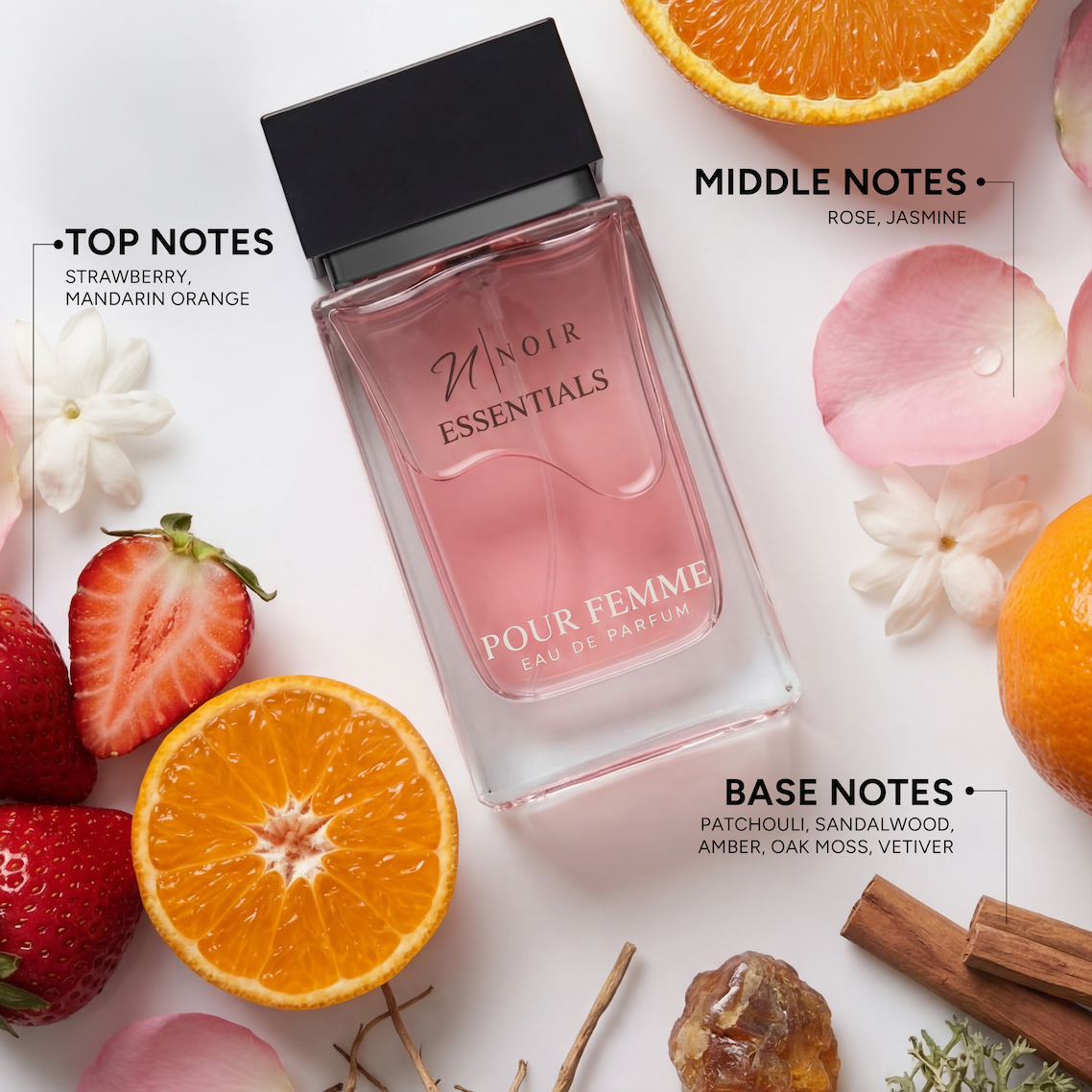 Perfume bottle with fruit and floral elements on a white background