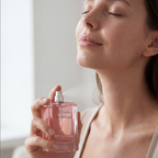 Woman holding a pink perfume bottle with a blurred background