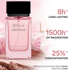 Pink perfume bottle with floral background and text highlighting features