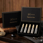 Set of men's perfume in a 'Noir' branded box on a wooden surface.