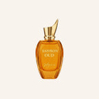 Perfume bottle labeled 'Saffron Oud' with a gold cap on a white background