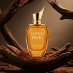 Perfume bottle labeled 'Saffron Oud' by Noir on a wooden background