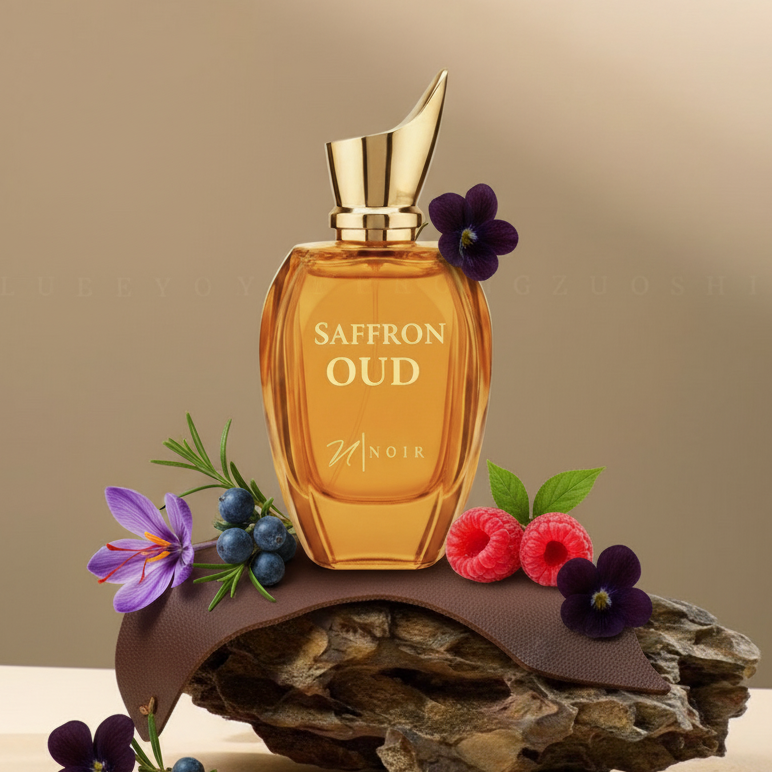 Perfume bottle labeled 'Saffron Oud' with flowers on a beige background