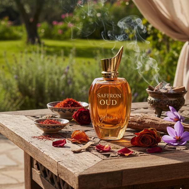 Saffron Oud perfume bottle on a wooden table with flowers and incense in a garden setting