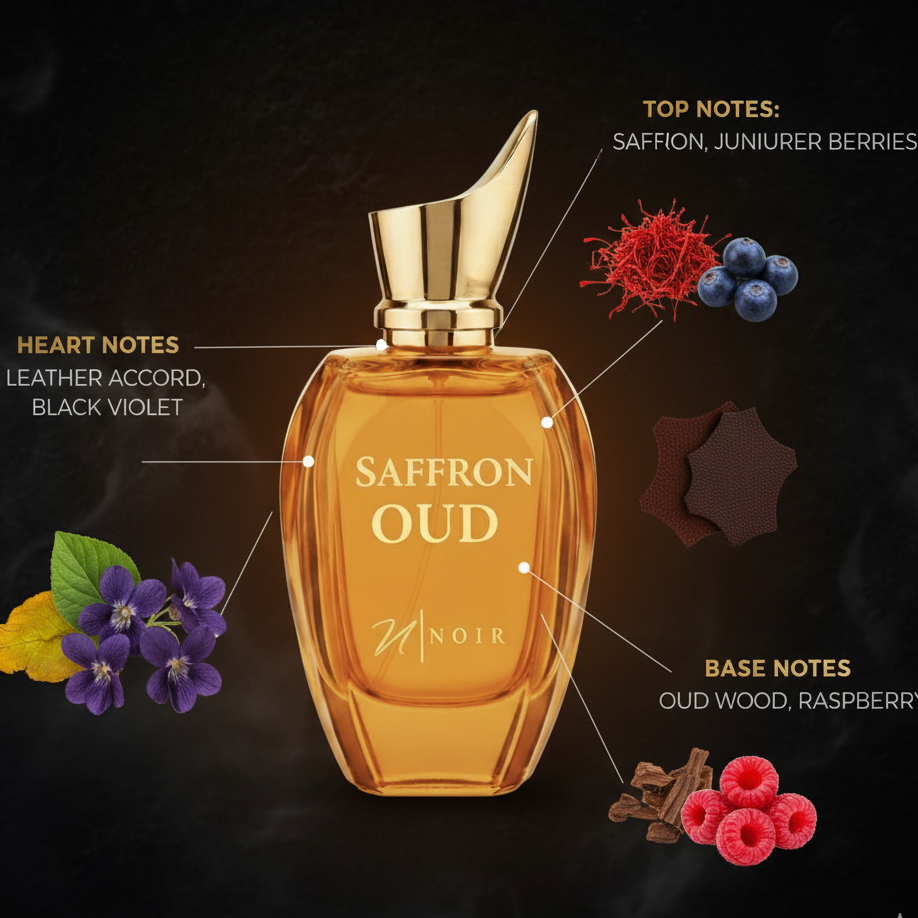 Perfume bottle labeled 'Saffron Oud' with notes and ingredients displayed on a dark background