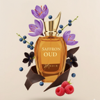 Perfume bottle labeled 'Saffron Oud' surrounded by flowers and berries on a beige background