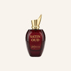 Perfume bottle labeled 'Satin Oud' with a gold cap on a white background