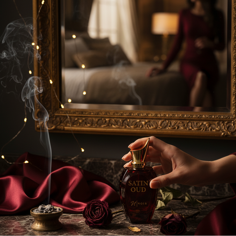 Hand holding a perfume bottle labeled 'Satin Oud' in front of a mirror with decorative elements.