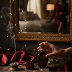 Hand holding a perfume bottle labeled 'Satin Oud' in front of a mirror with decorative elements.