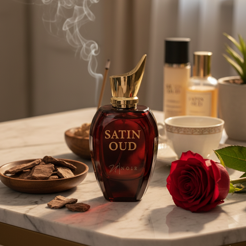 Satin Oud perfume bottle on a marble surface with a rose and incense sticks.