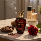 Satin Oud perfume bottle on a marble surface with a rose and incense sticks.