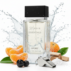 Perfume bottle labeled 'Noir Essentials Sport' with oranges and a whistle on a white background