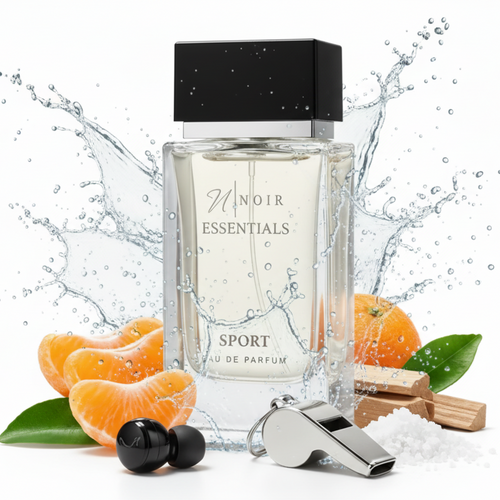 Perfume bottle labeled 'Noir Essentials Sport' with oranges and a whistle on a white background