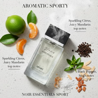 Perfume bottle labeled 'Noir Essentials Sport' with ingredients and notes on a textured surface