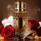 Perfume bottle with gold cap and diamond pattern surrounded by red roses and amber stones on a dark background