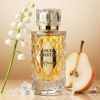 Perfume bottle labeled 'Oud Cristal' with a pear and flowers on a beige background