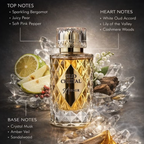 Perfume bottle labeled 'Old Crystal' with notes displayed on a dark background