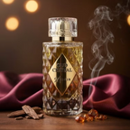 Perfume bottle labeled 'Oud Cristal' with smoke and spices on a dark background
