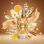 Perfume bottle labeled 'Oud Cristal' with fruits and flowers on a warm background