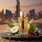 Oud Cristal Perfume bottle with pears and cinnamon sticks against a city skyline at sunset
