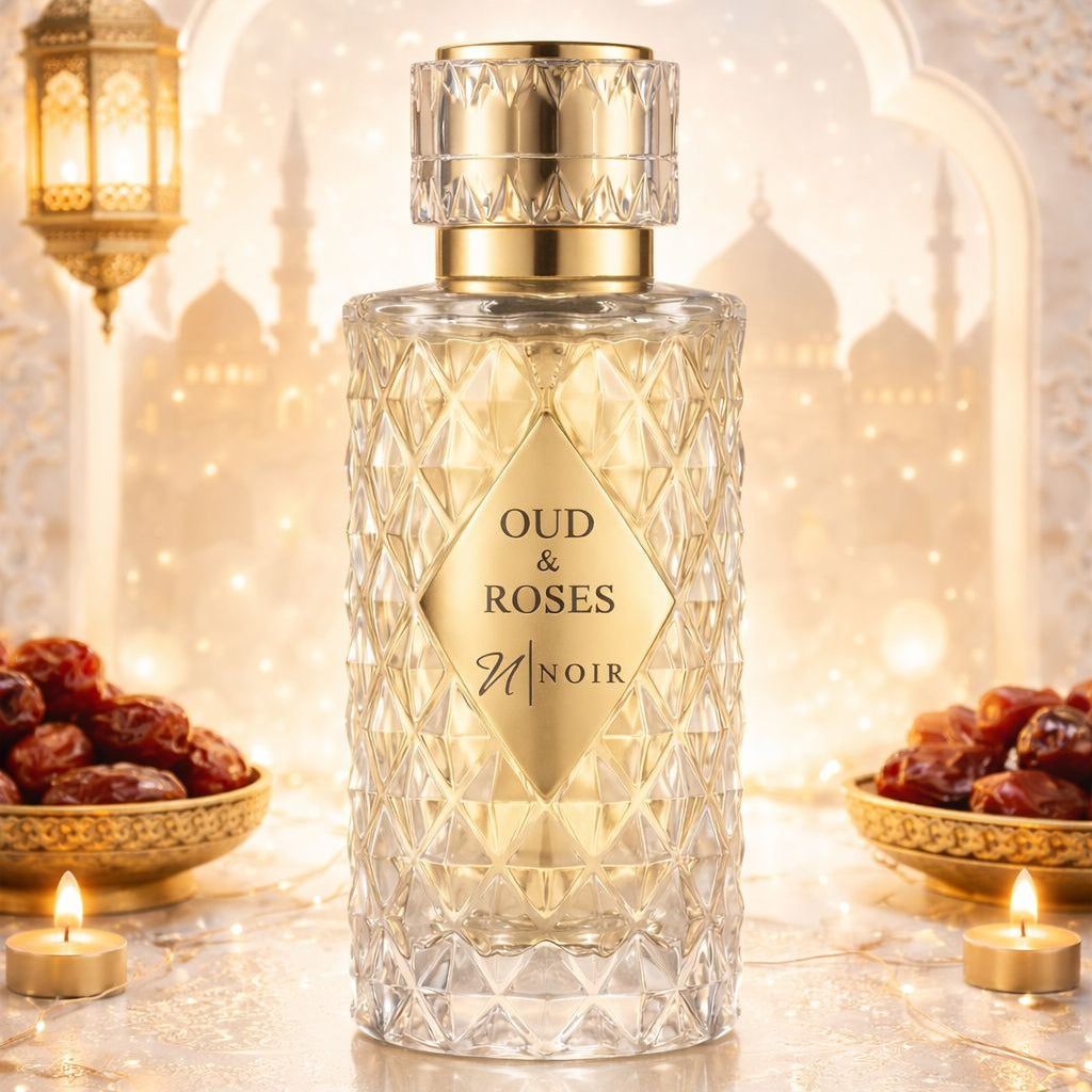 Perfume bottle labeled 'Oud & Roses' with decorative background