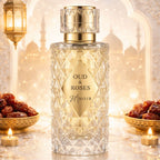 Perfume bottle labeled 'Oud & Roses' with decorative background