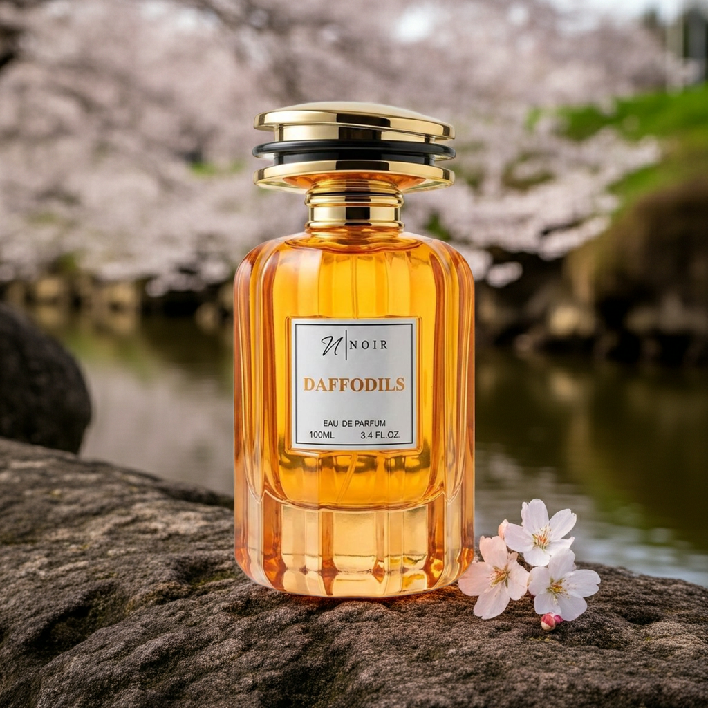 Perfume bottle labeled 'Noir -Daffodils' on a rock with cherry blossoms in the background