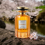 Perfume bottle labeled 'Noir -Daffodils' on a rock with cherry blossoms in the background