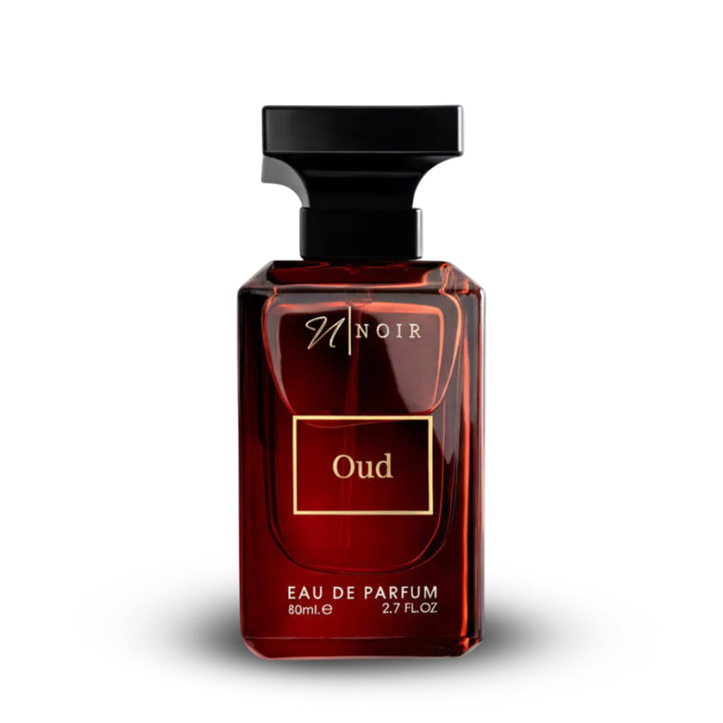 Red perfume bottle labeled 'Oud' by Noir on a white background